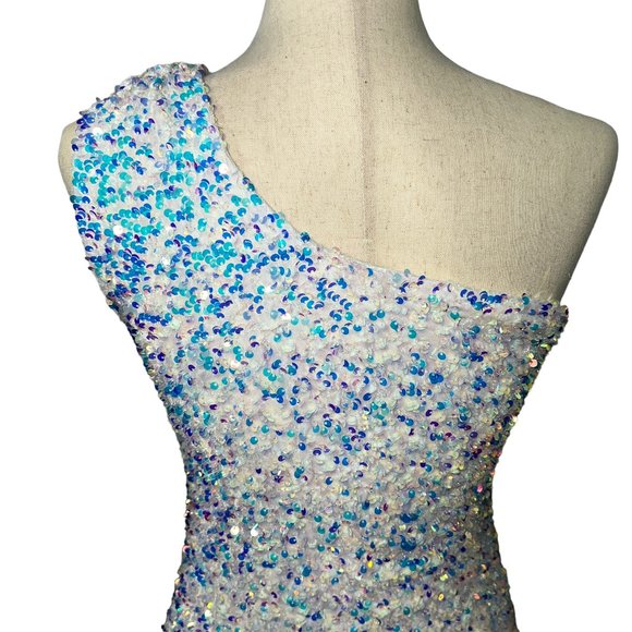 Beautiful White One Shoulder Sequin Stretch Mini Dress Size Medium - Picture 9 of 10